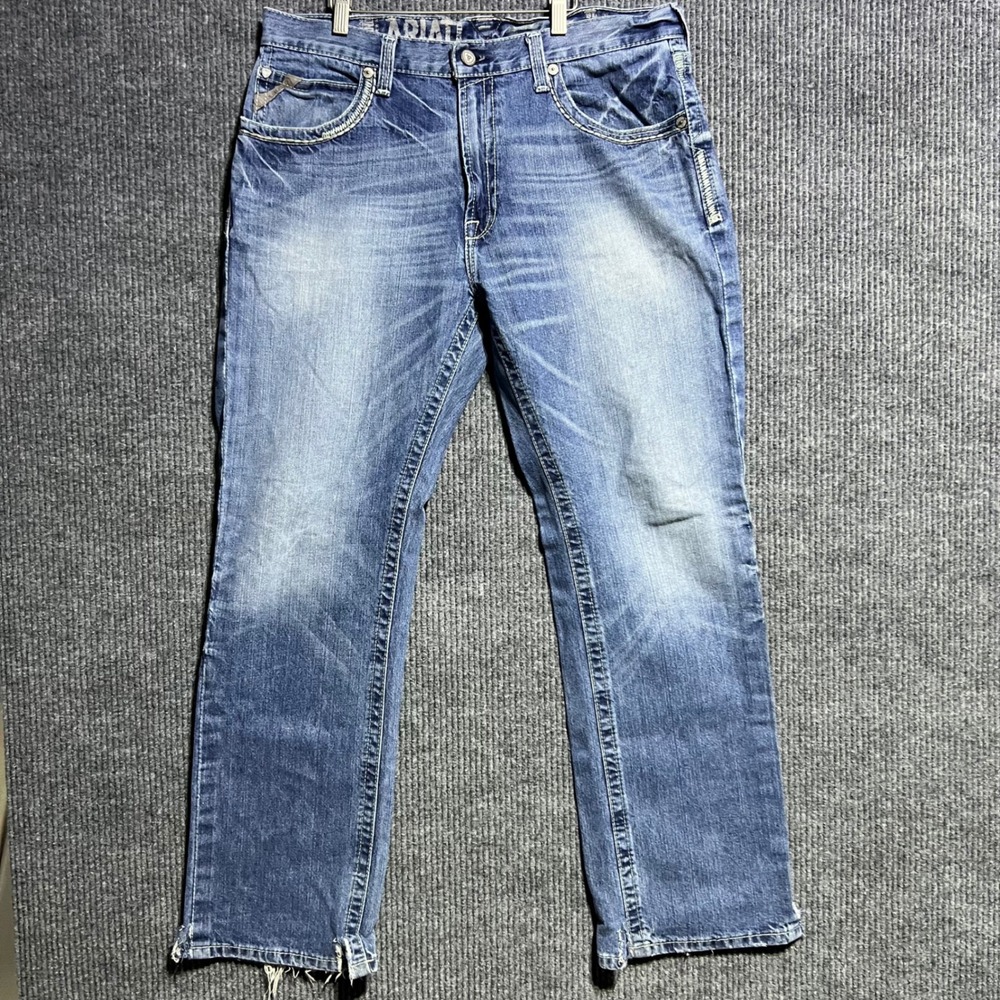 Ariat Straight Leg Jeans Mens 36x32 Blue Medium Wash Distressed Western Cowboy